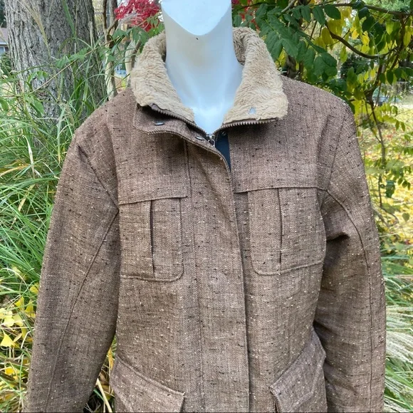 Woolrich Tweed Brown/Tan Utility Coat Barn Jacket Faux Fur lined 6 pockets sz M - Picture 8 of 15
